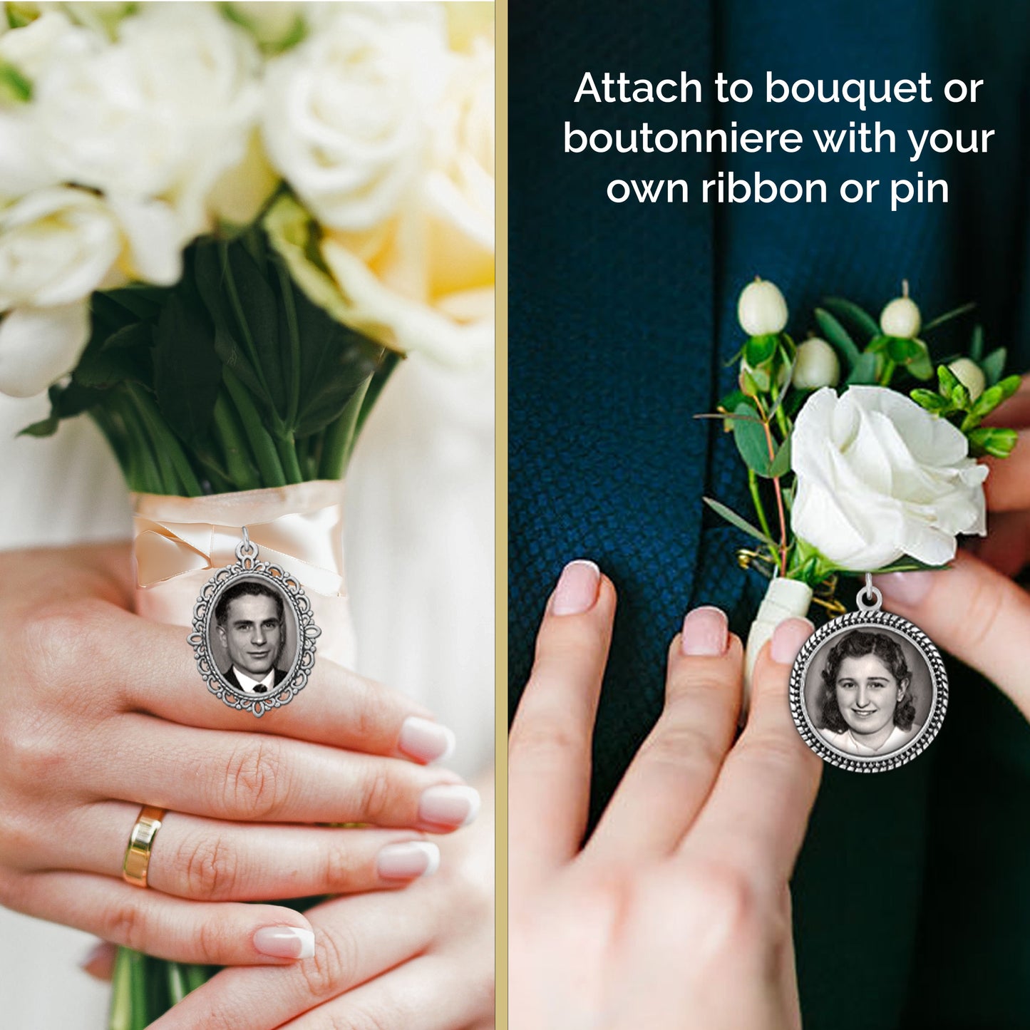 The memorial photo charms are shown on a wedding bouquet charm and on a groom's boutonniere as an example.
