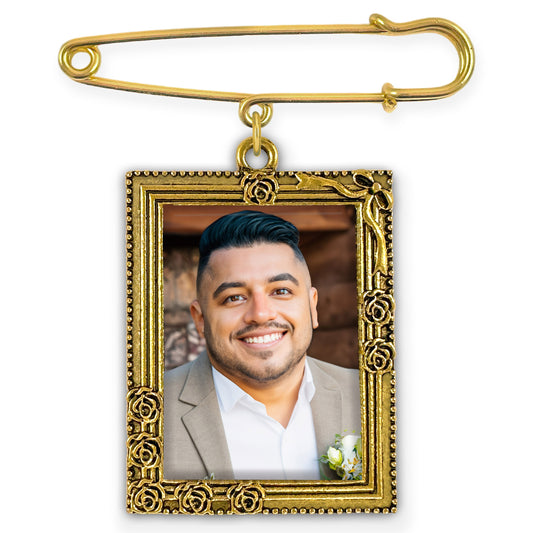 Gold Rectangle Wedding Bouquet Photo Charm or Groom's Boutonniere Pin Picture Frame Memorial Keepsake