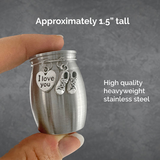 Mini Urn for Baby Ashes Keepsake Small Urn for Miscarriage Child Memorial Urn with Baby Shoes and I Love You Charm