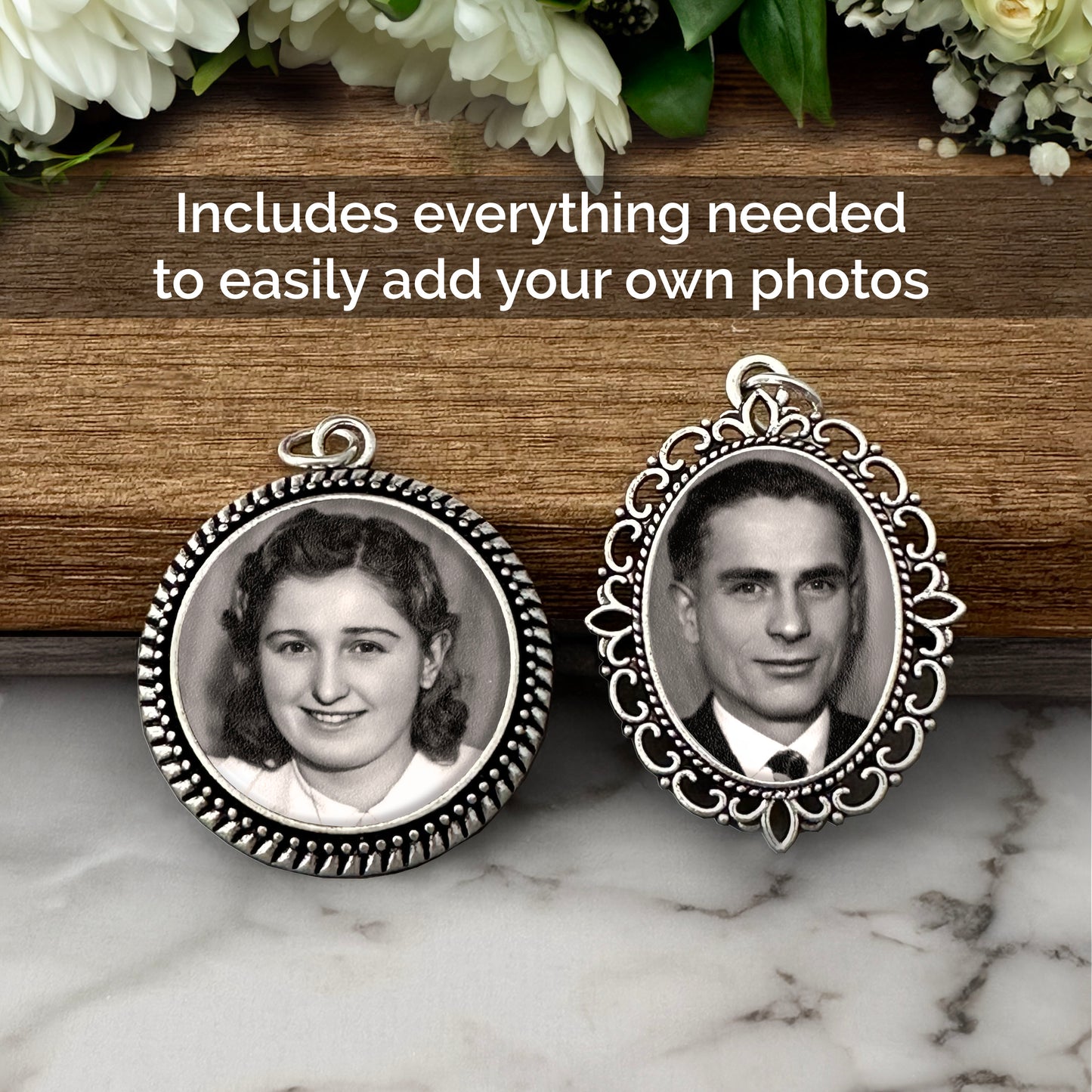 Wedding bouquet photo charms for attaching to your bouquet. The charms are shown with wood on a marble table with wedding flowers. Includes everything needed to easily add your own photos.
