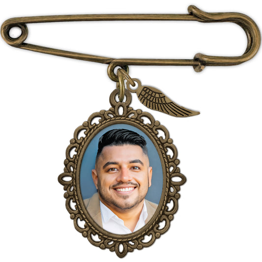 Wedding Boutonniere Oval Bouquet Charm Pin Bronze Gold Angel Wing Photo Charm Mother of The Bride Groom with Photo Resizing Software