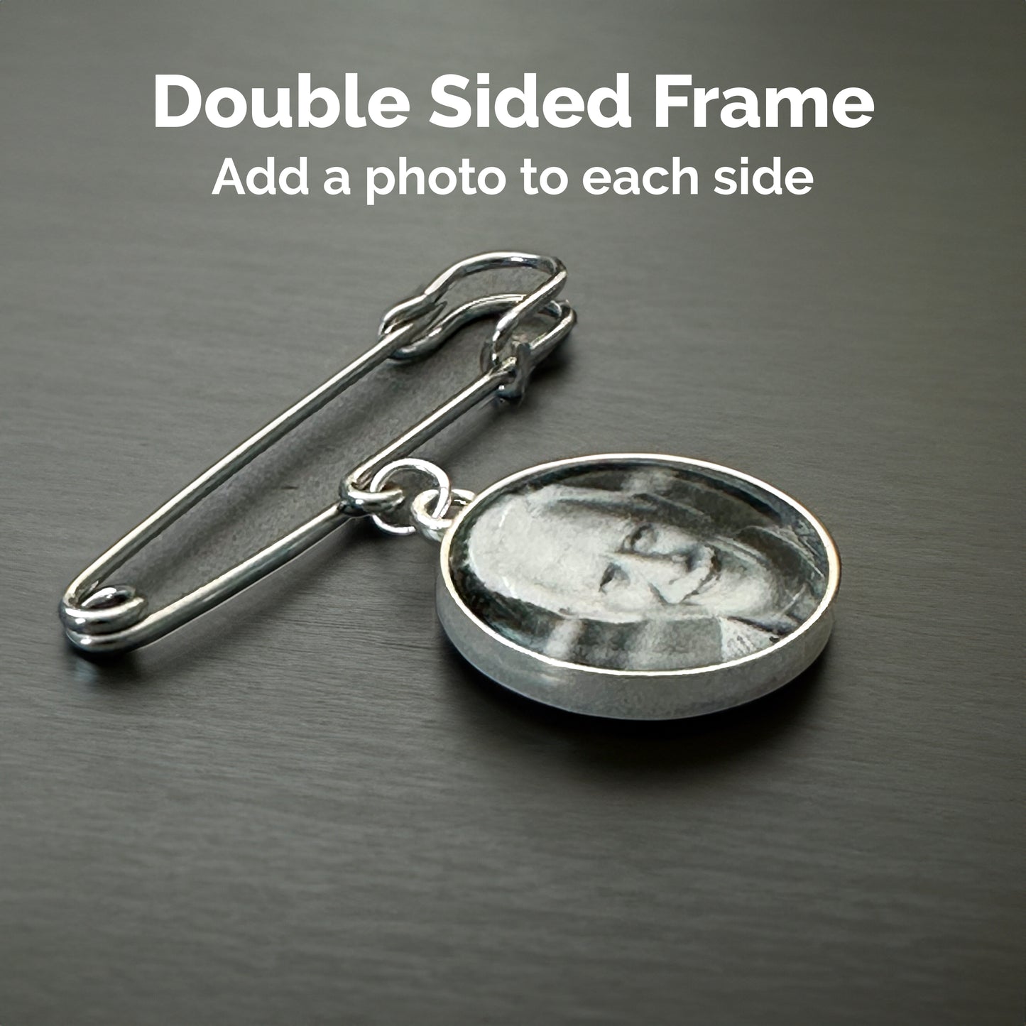 A wedding memorial boutonniere pin shown laying on its side. The text says double sided frame, add a photo to each side.