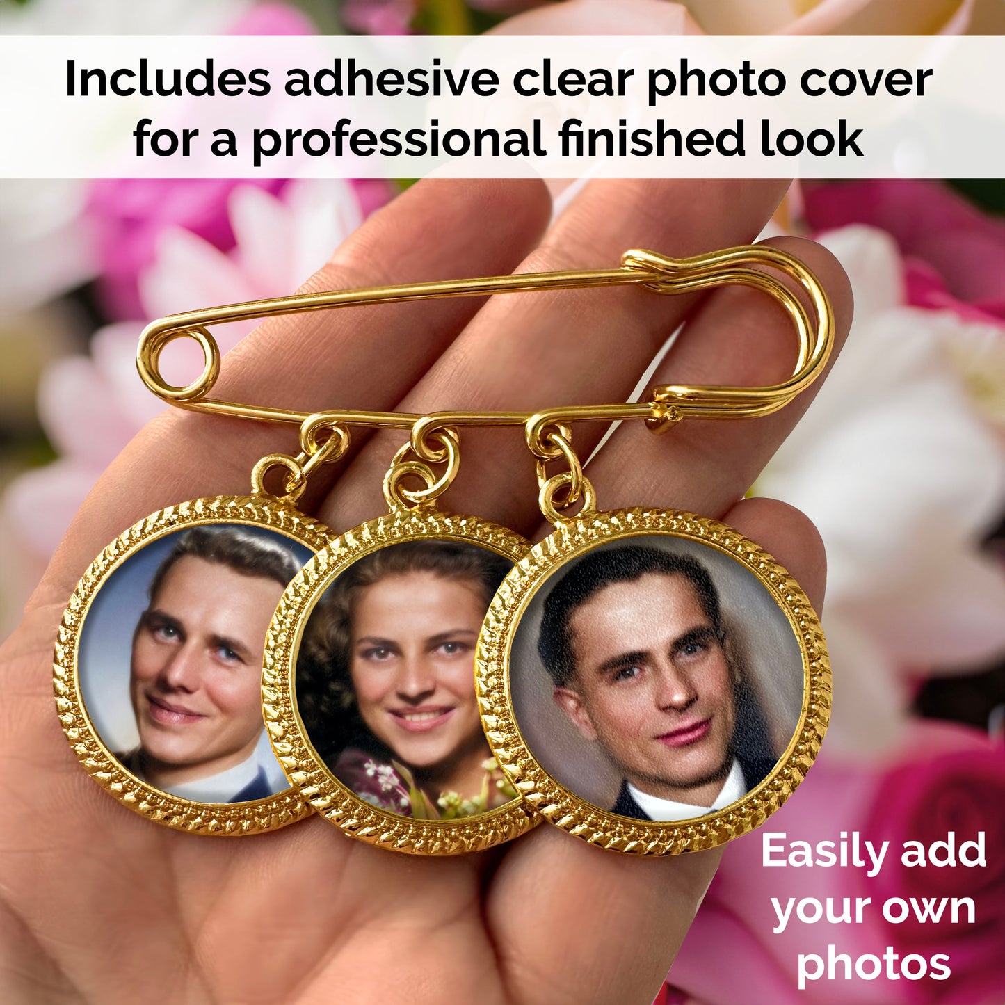 Gold memorial photo pin with circle frames for holding 3 photos. It is shown on a flower background in the photo. Text reads includes adhesive clear photo cover for a professional finished look.