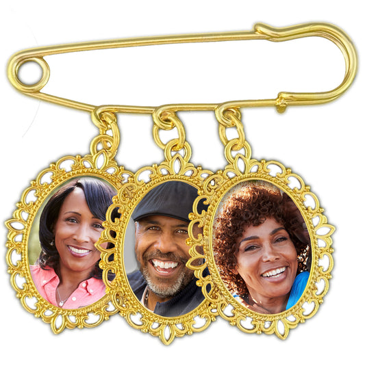 Wedding Boutonniere or Bouquet Photo Charm Bright Gold Pin Holds 3 Pictures For Lapel or Bride's Flowers