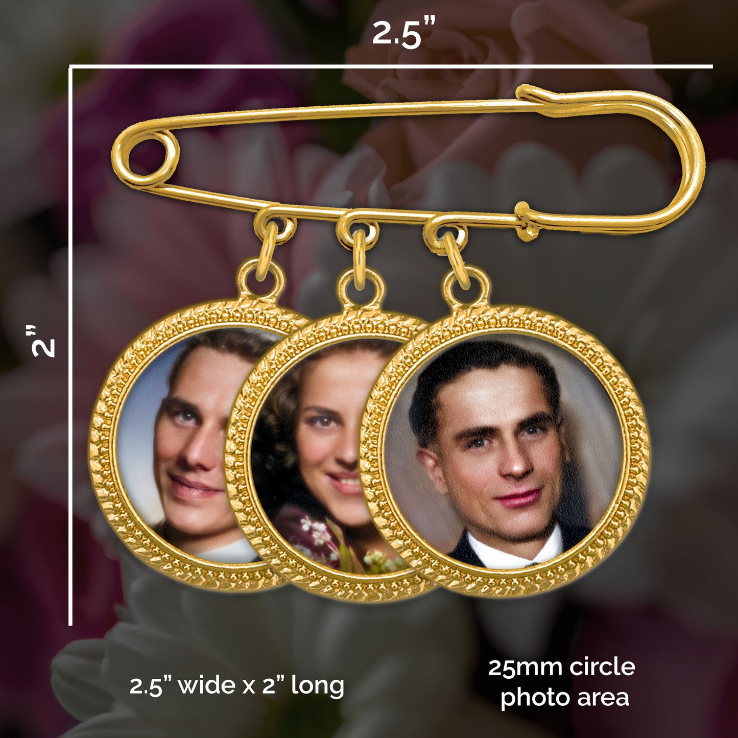 Measurements of a gold bridal bouquet photo charm that holds 3 photos. It is 2" tall and 2.5" wide with a 1" circle photo area or around 25mm.