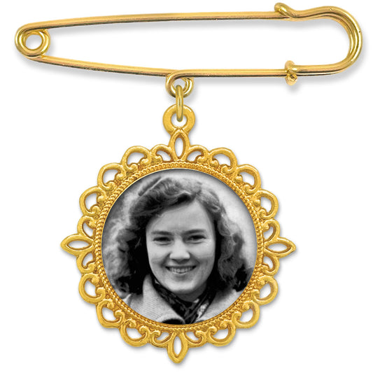 Gold Bridal Wedding Bouquet Photo Charm or Boutonniere Pin Memorial for Bride or Groom on Wedding Day