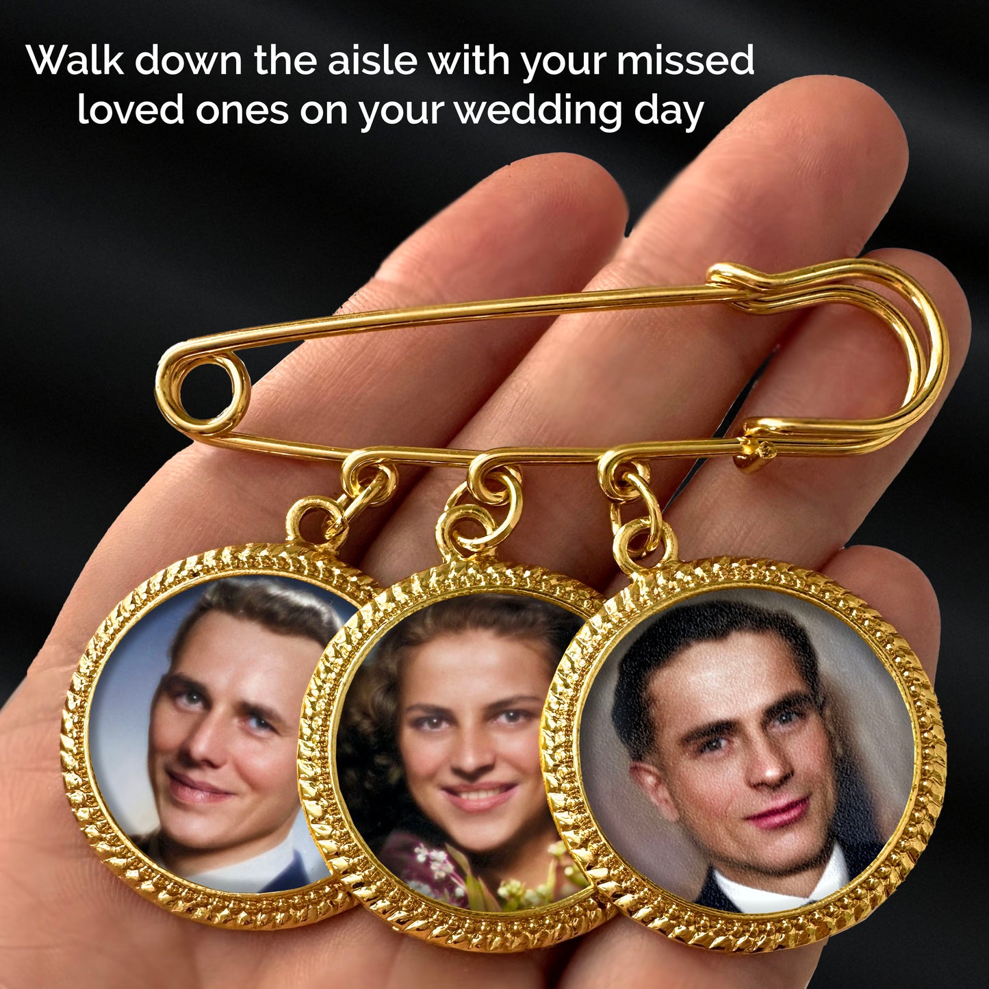 Gold memorial photo pin that holds 3 pictures. Easily add your own photos at home with this DIY kit to walk down the aisle with your missed loved ones on your wedding day.