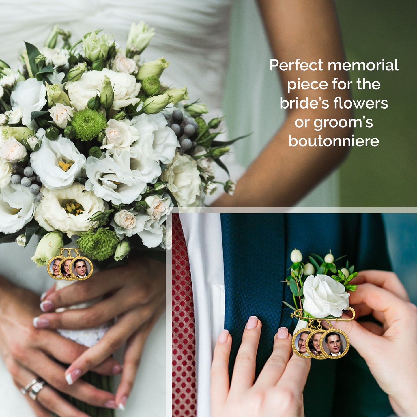 Gold memorial pin that holds 3 photos. It is shown on a bridal bouquet and a grooms corsage boutonniere.