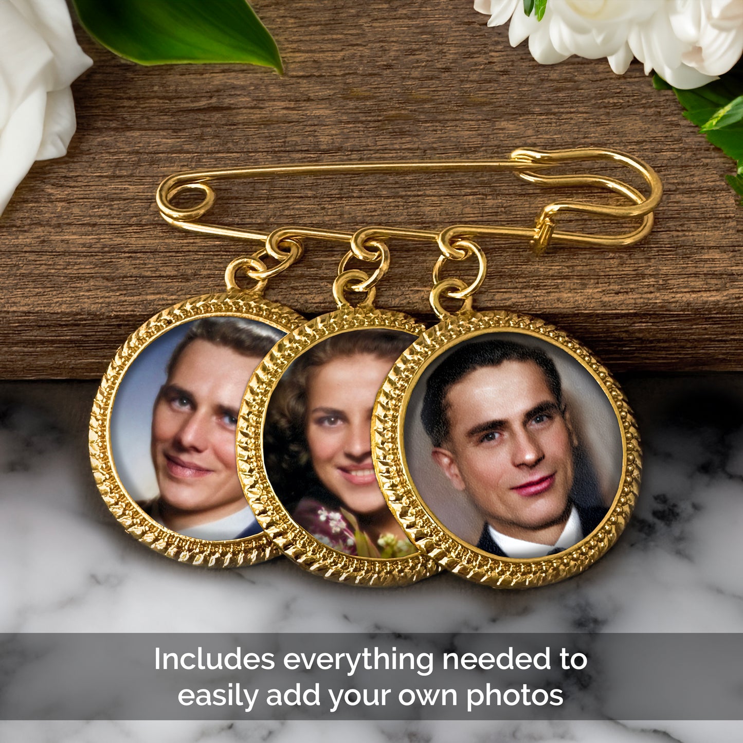 Gold memorial photo pin for wedding day. Includes everything needed to easily add your own photos.