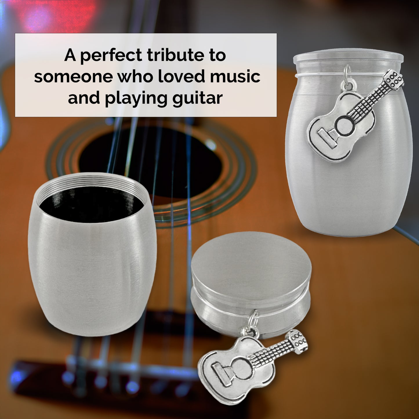 Miniature stainless steel guitar urn shown two ways - unscrewed and with the lid on against a background with a picture of a guitar. The text explains that the guitar urn is a perfect tribute to someone who loved music and playing guitar that you can use to give a small amount of ashes to each family member.