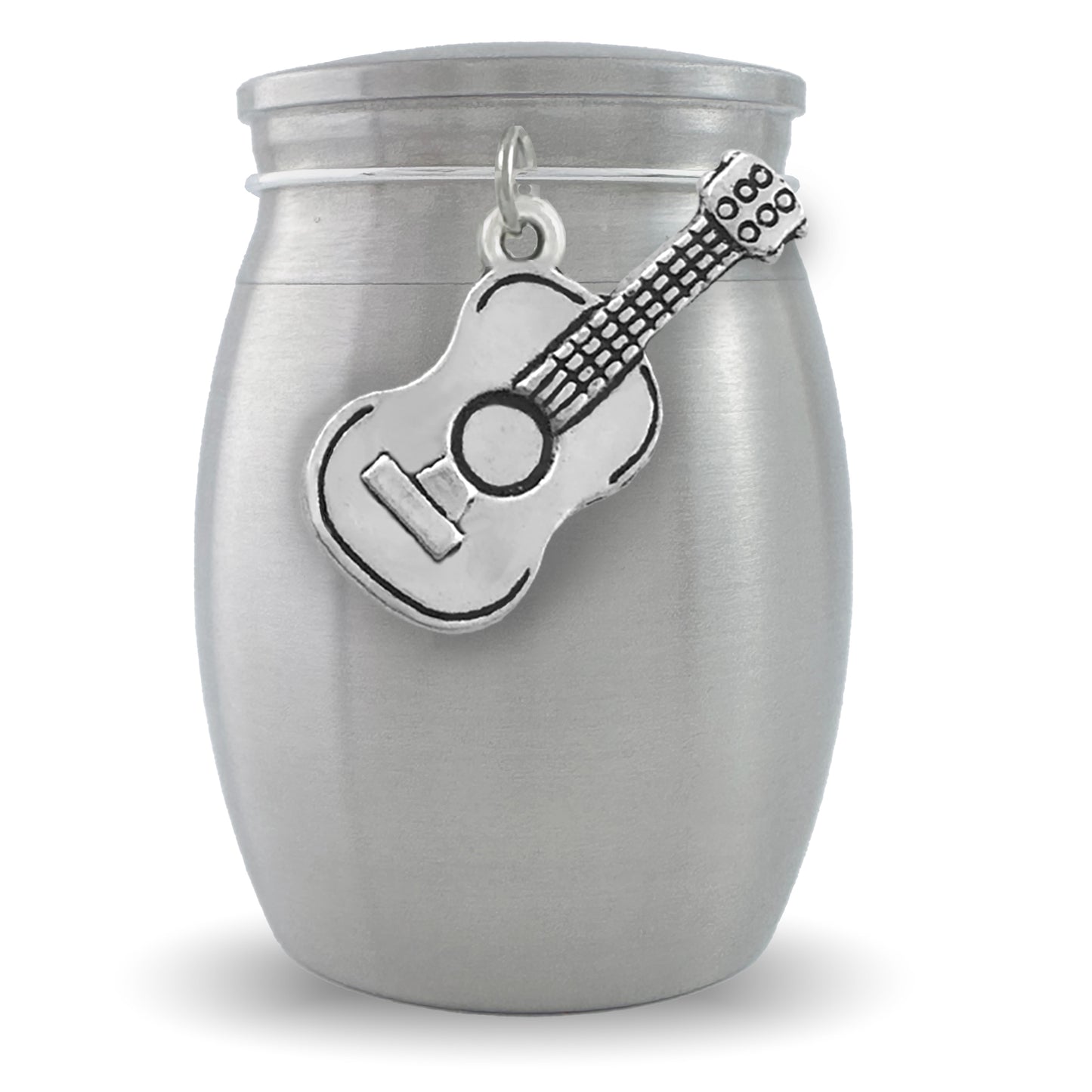 Mini guitar urn that holds a small amount of ashes shown on a plain background with guitar charm on the front. It holds a keepsake amount of ashes and is a way to distribute ashes among family members.
