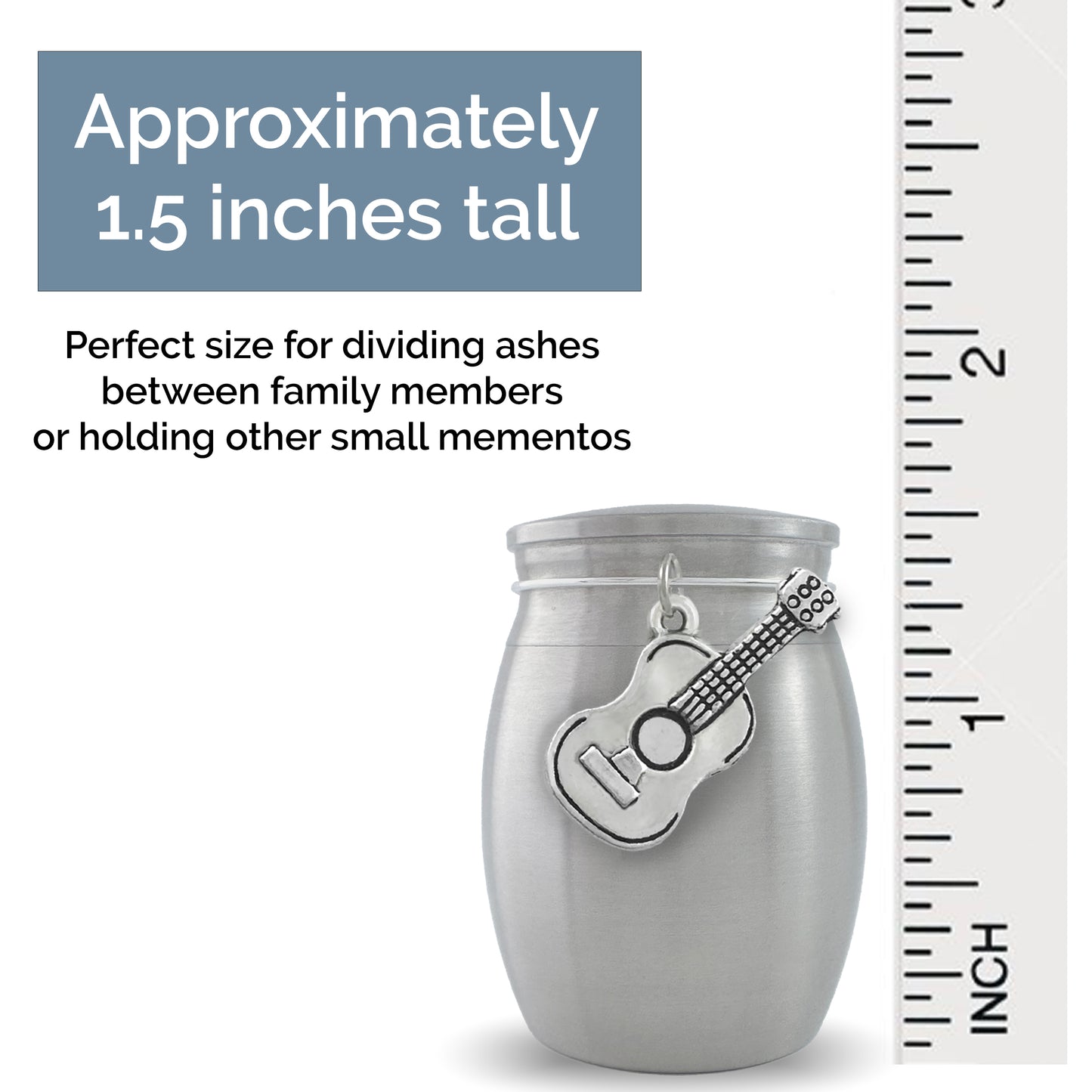 Small keepsake urn with guitar charm on the front. It is shown next to a ruler, it is 1.5" tall. It is the perfect small size urn for holding a small amount of ashes.