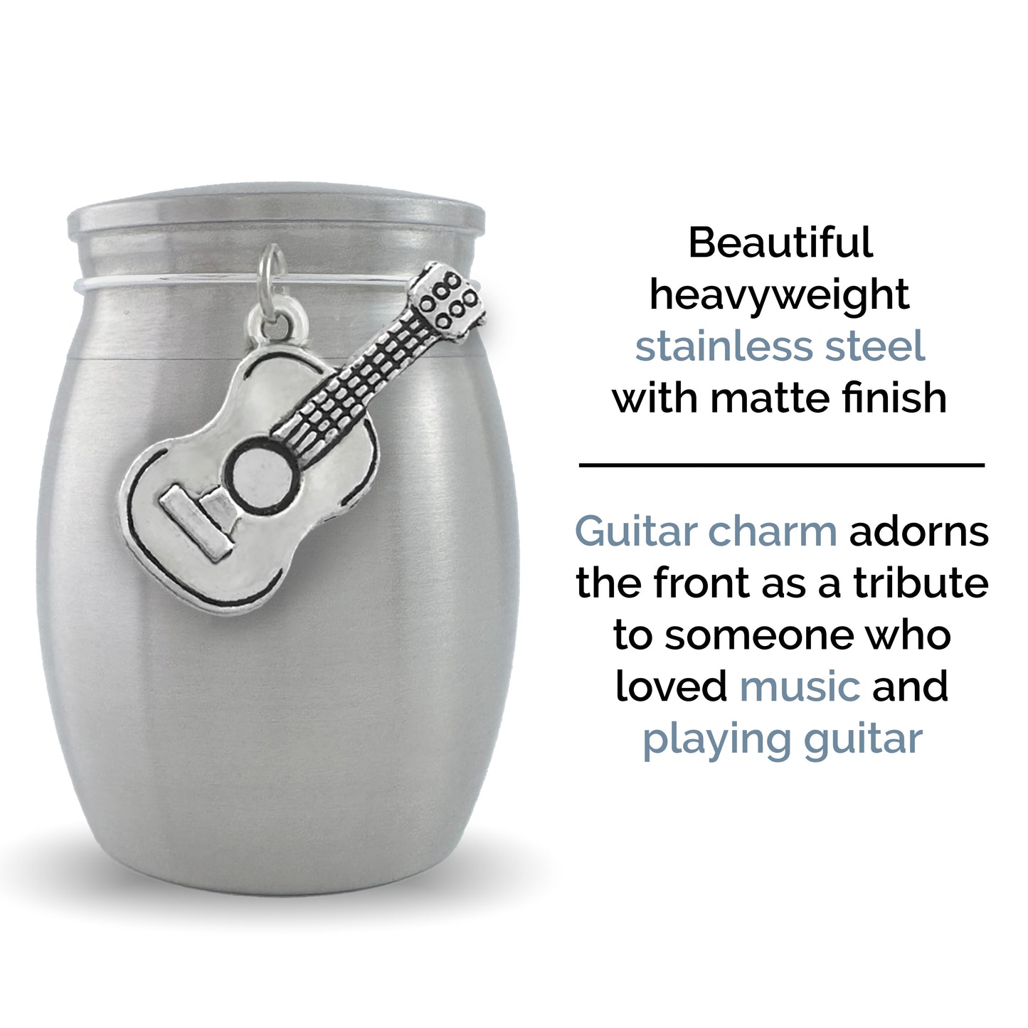 Miniature guitar urn ashes holder shown on a white background with the text "beautiful heavyweight stainless steel with matte finish. Guitar charm adorns the front as a tribute to someone who loved music and playing guitar".