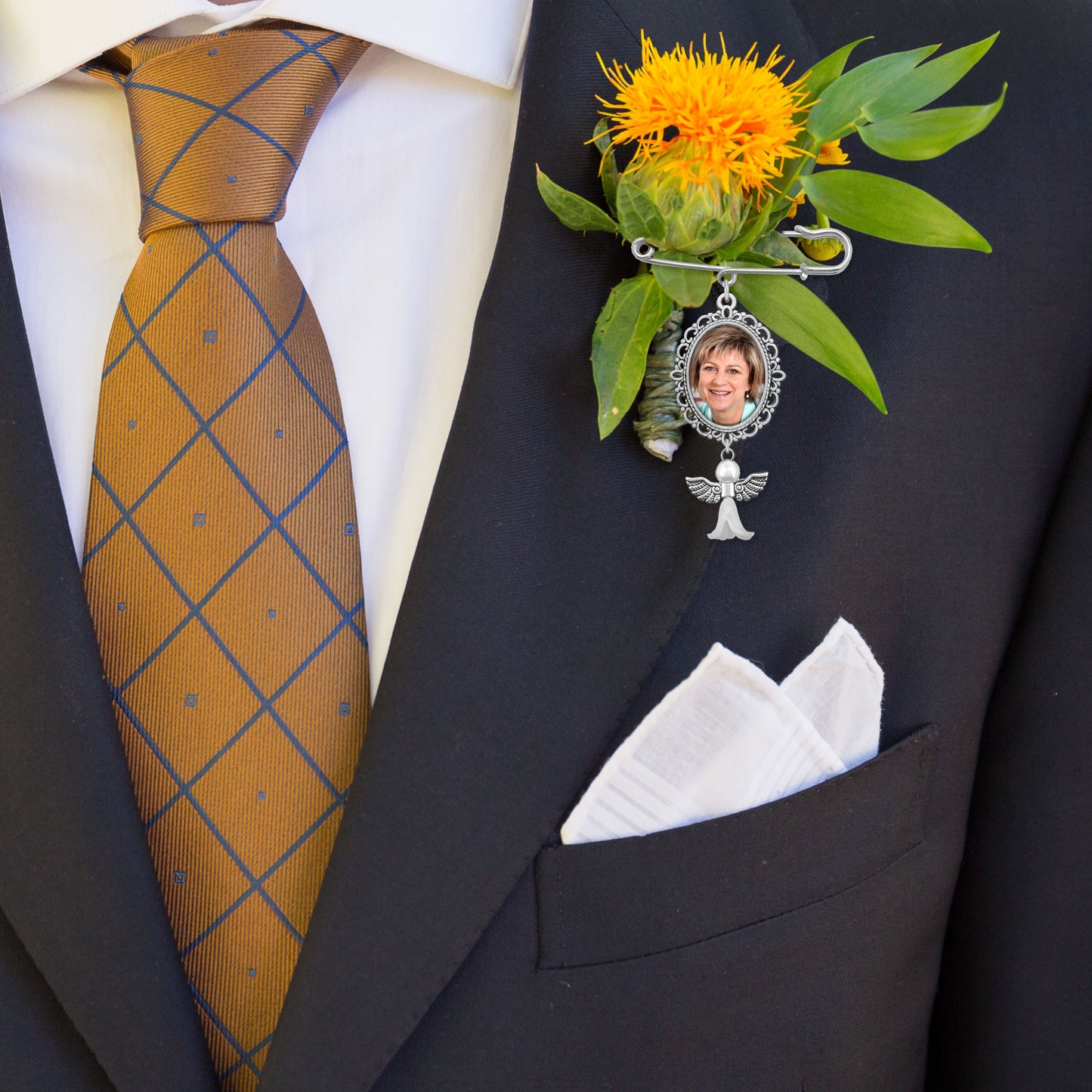 Lace Oval Photo Wedding Memorial Bouquet Charm with Guardian Angel