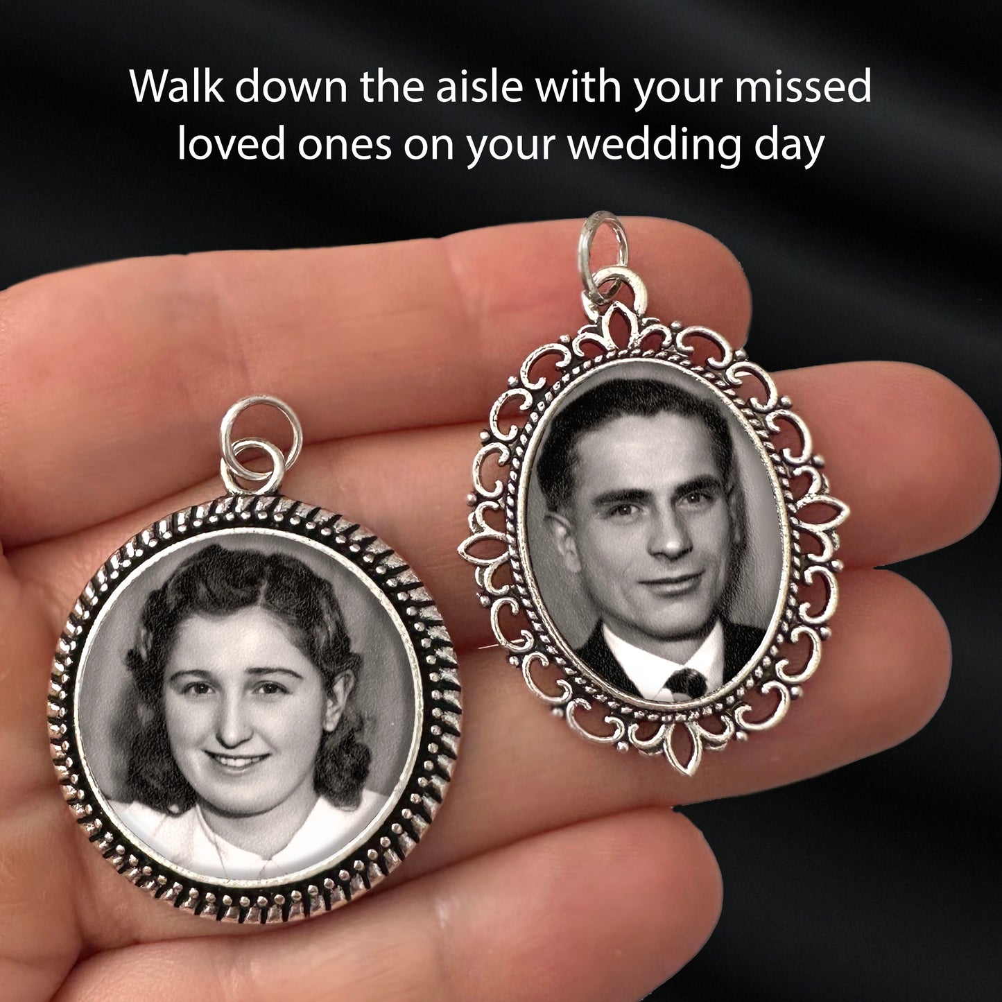 Closeup of 2 wedding bouquet photo charm frames with the text walk down the aisle with your missed loved ones on your wedding day