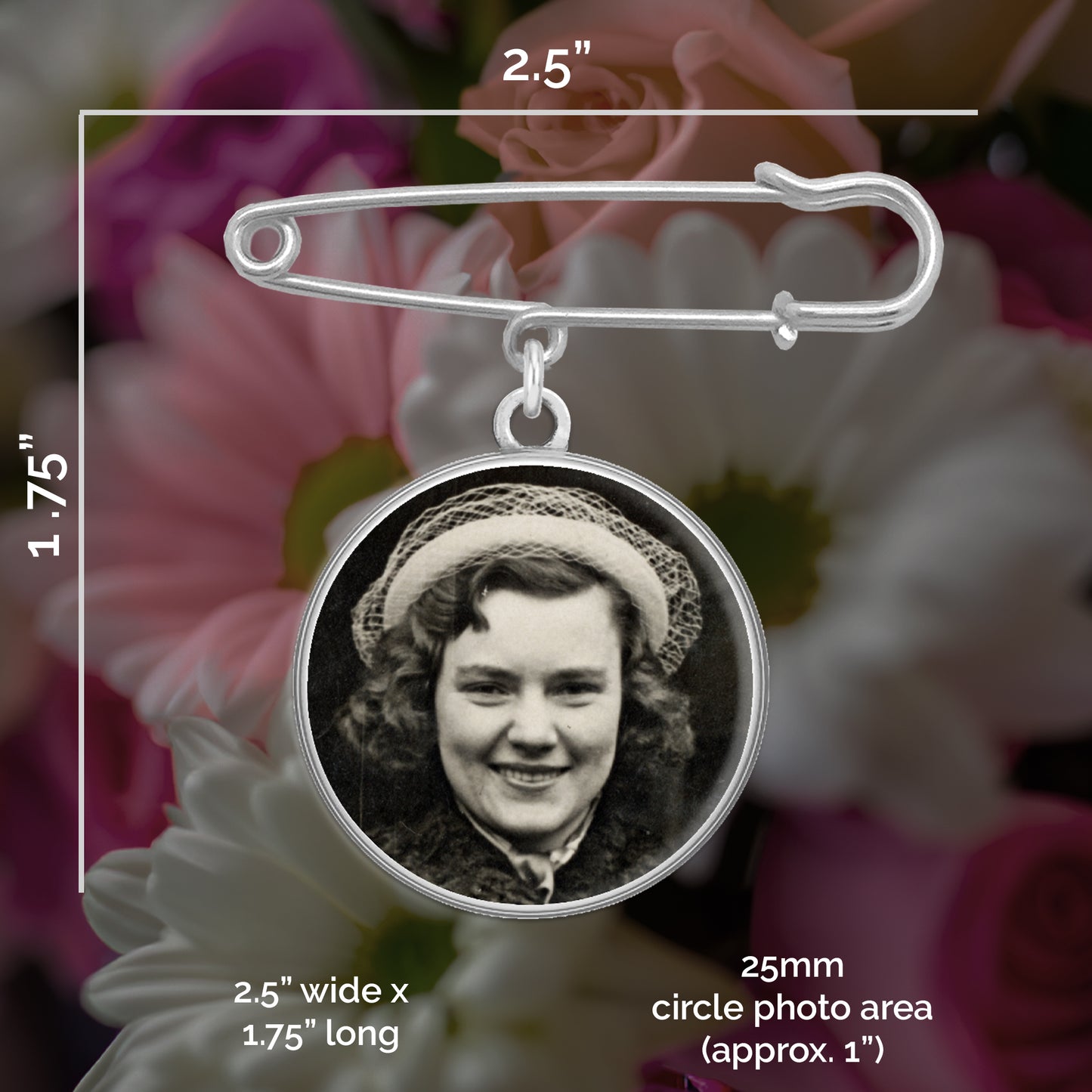 Measurements for the photo pin It is 2.5" wide and 1.75" long with a 25mm circle recessed photo area