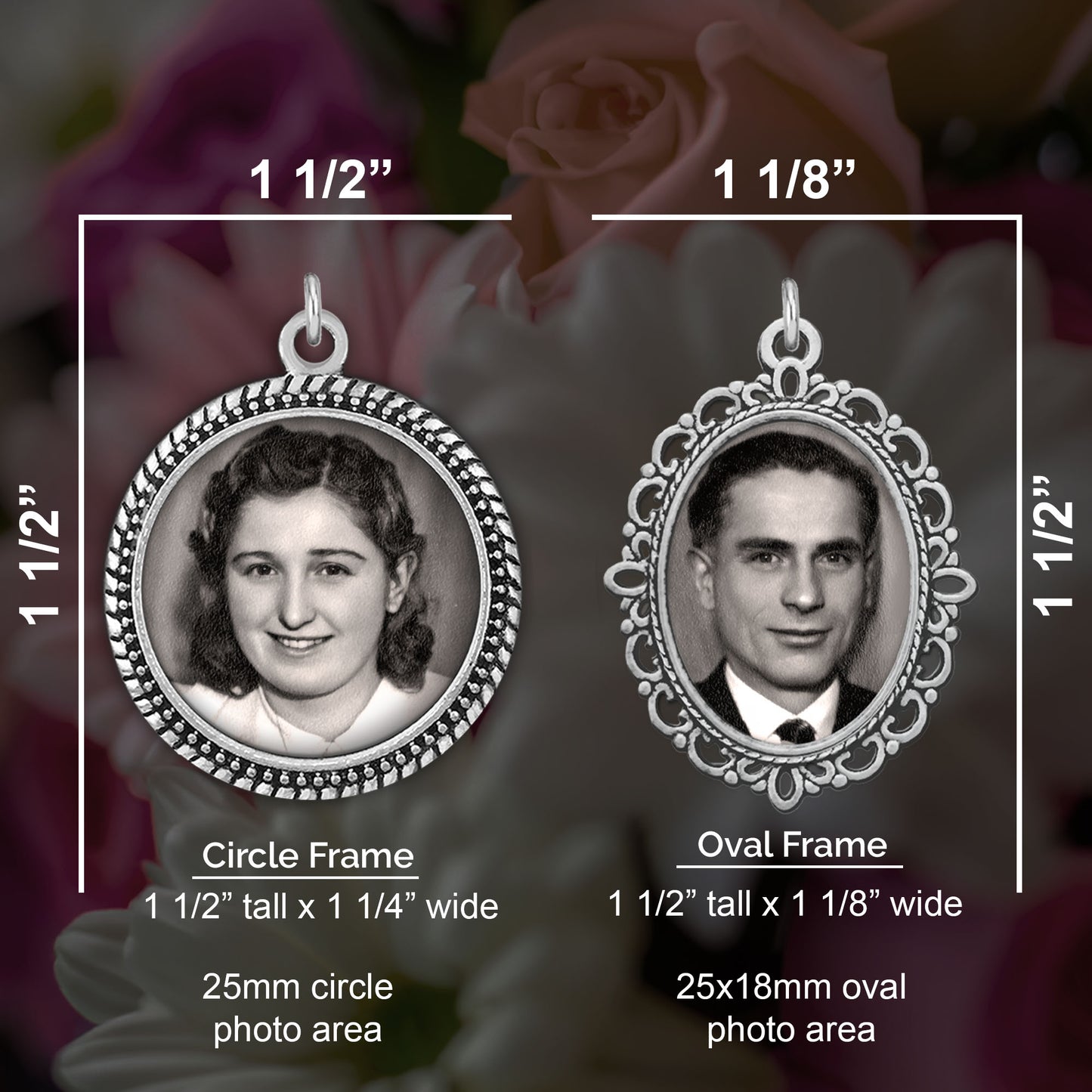 Set of 2 wedding bouquet photo charms shown with their dimensions. They each have a photo size of around 1" making them the perfect size for pinning to a bouquet or boutonniere.