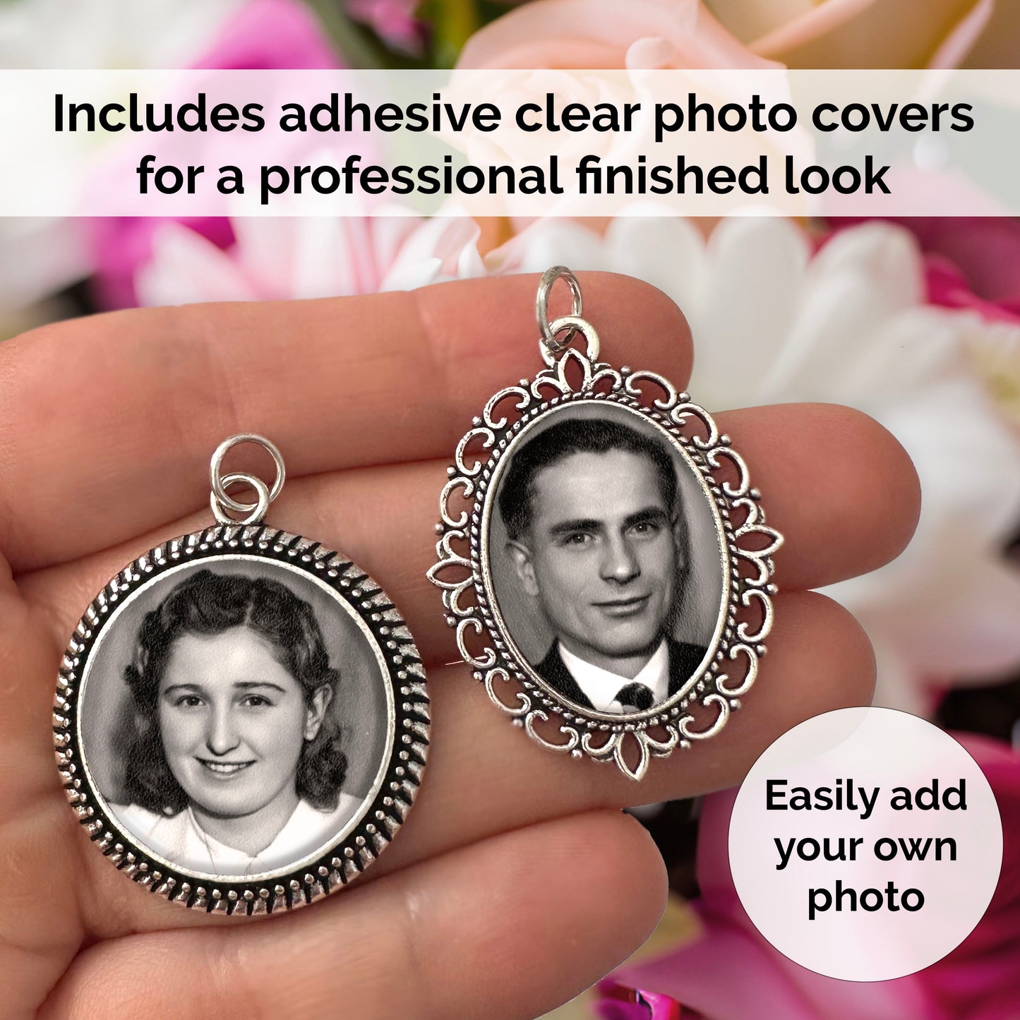Set of 2 wedding bouquet photo charms for adding multiple pictures to your bouquet. Shown in hand to display the approximate 1" size with the bride's flowers as the background. Easily add your own photo. Includes clear photo covers.