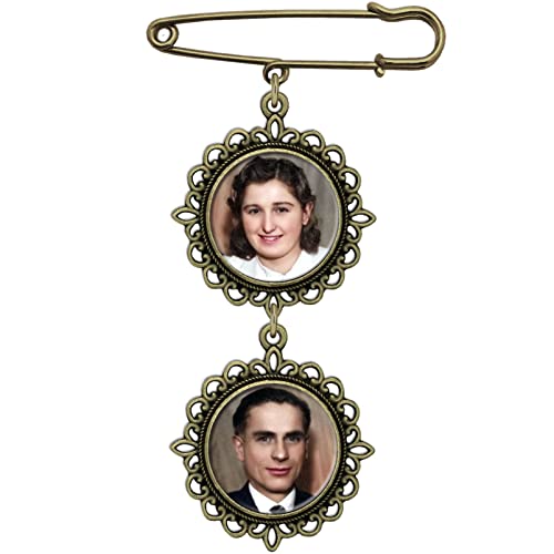 Bronze Gold Wedding Bouquet Remembrance Photo Charm Pin Holds Two Pictures
