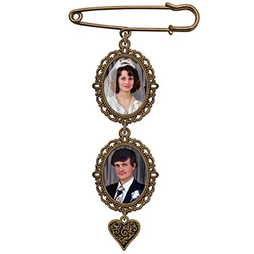 Wedding Bouquet Photo Pin Charm Gold Bronze Add Two Photos For Bride's Bouquet or Boutonniere Lapel Pin with Vintage Antique Heart Charm with Photo Resizer
