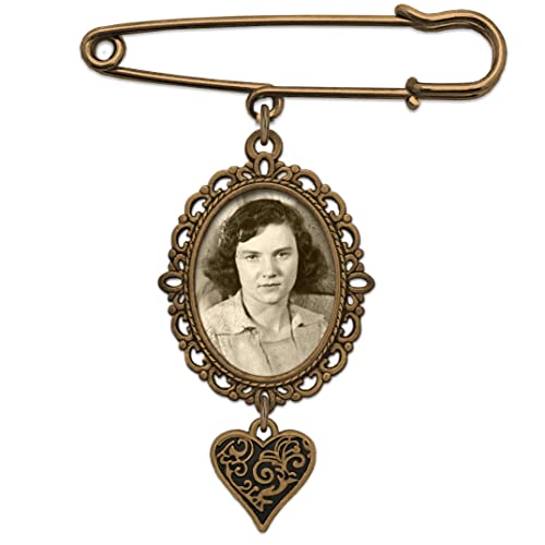 Bronze Gold Wedding Bouquet Photo Charm Pin Memorial for Bride's Flowers with Swirled Heart Charm