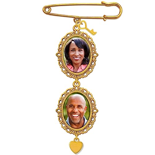 Gold 2 Photo Charms Pin for Bridal Bouquet in Memory of a Loved One for Wedding Key to my Heart