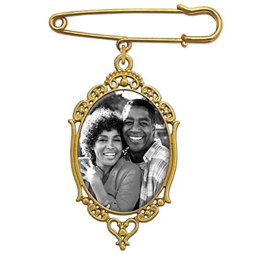 Gold Wedding Bouquet Photo Charm Pin for Bridal Flower Bouquet Memorial