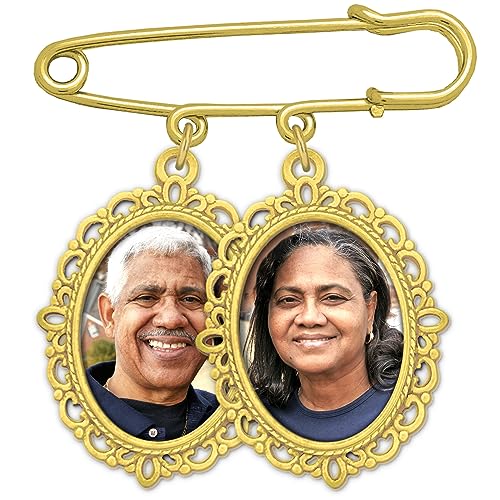 Gold Wedding Bouquet Photo Charm Pin Holds 2 Pictures Double Photo Charm Boutonniere Pin with Photo Resizer