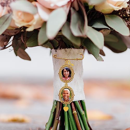Gold 2 Photo Charms Pin for Bridal Bouquet in Memory of a Loved One for Wedding Key to my Heart