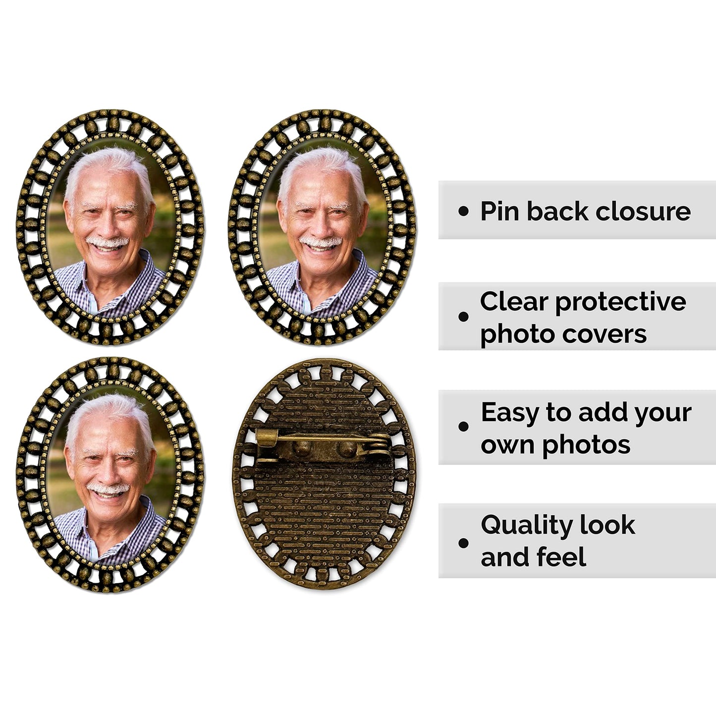 Groom & Groomsmen Memorial Photo Lapel Pins for Wedding Pack of 4 Bronze Gold Oval Picture Pins Funeral Remembrance Boutonniere