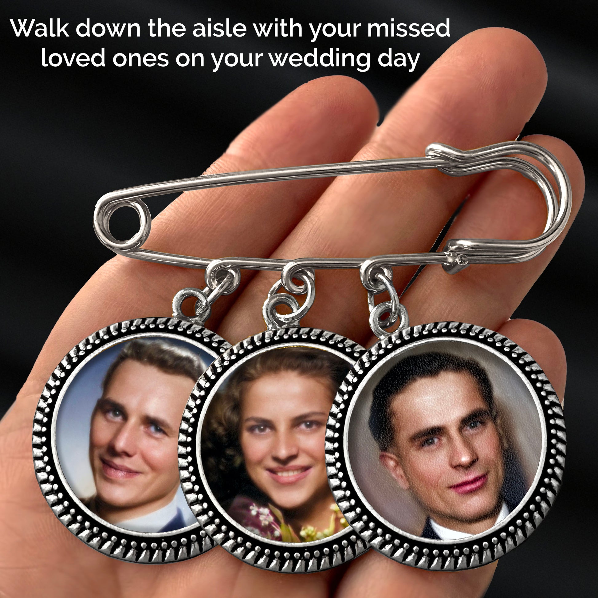 Silver photo pin with three circular charms featuring photos of people, held in a hand against a dark background. Text reads "Walk down the aisle with your missed loved ones on your wedding day".
