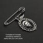 Silver-toned wedding bouquet photo pin brooch with an oval decorative frame and a placeholder photo of a woman, shown on a dark background with text stating the kit includes everything needed to add your own photo.