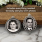 Wedding bouquet photo charms for attaching to your bouquet. The charms are shown with wood on a marble table with wedding flowers. Includes everything needed to easily add your own photos.