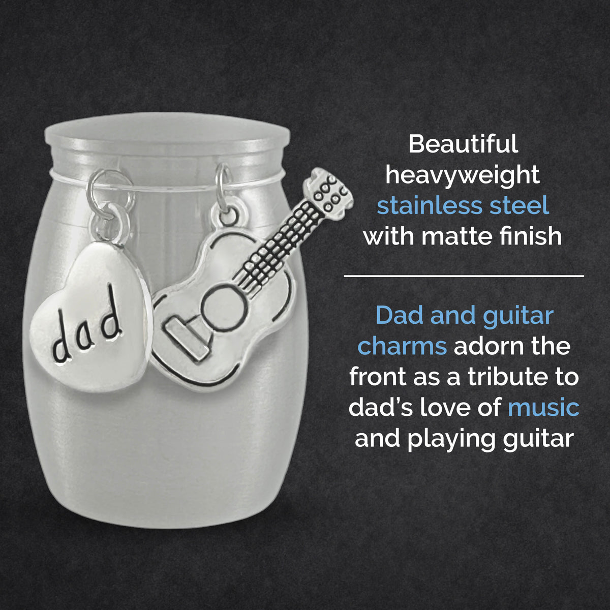 A stainless steel small urn jar with hanging stainless steel charms shaped like a guitar and a heart engraved with the word 'dad,' shown on a dark textured background with descriptive text.