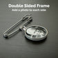 A wedding memorial boutonniere pin shown laying on its side. The text says double sided frame, add a photo to each side.