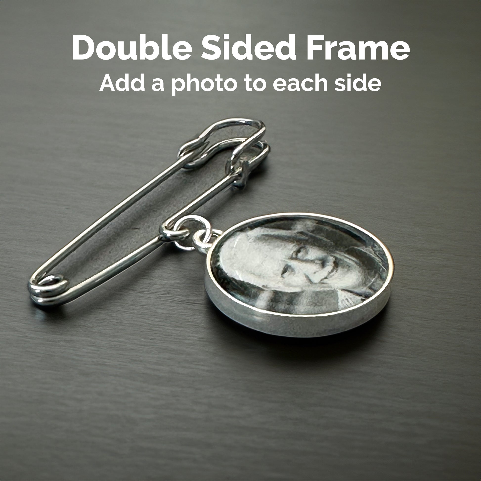 A wedding memorial boutonniere pin shown laying on its side. The text says double sided frame, add a photo to each side.