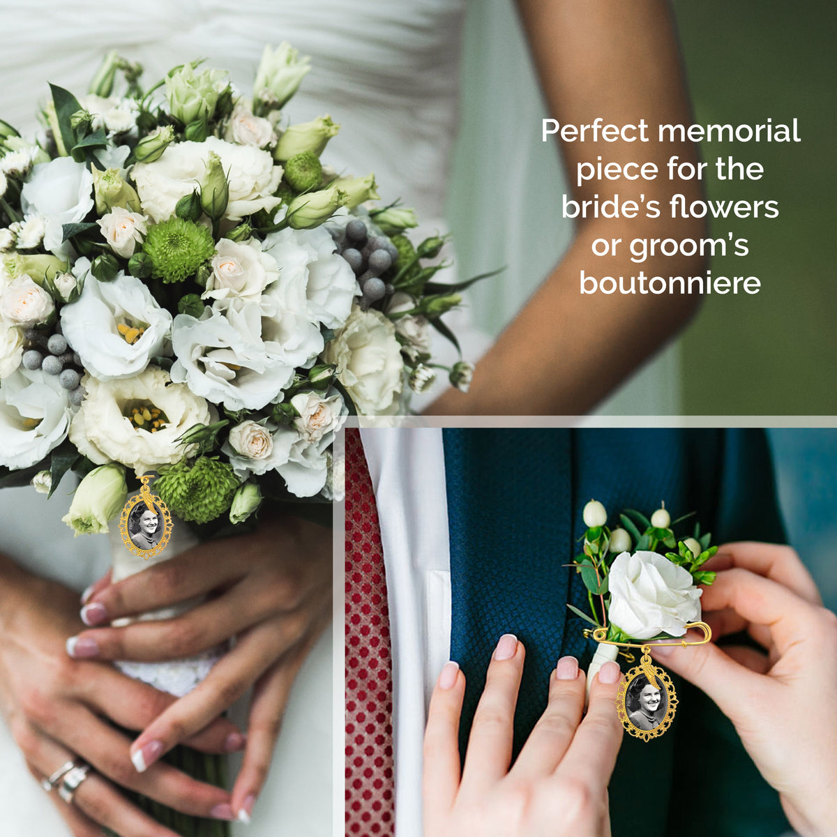 Gold wedding bouquet photo charm pin with angel wing charm and ornate oval frame pinned to both a bridal bouquet shown held by a bride, and pinned to a groom's boutonniere