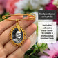 A hand holds a gold wedding bouquet photo charm pin with angel wing charm and oval decorative frame and a black-and-white portrait photo of a woman. Text overlays explain that the user can easily add their own photo and that it includes an adhesive clear cover for a professional finished look.