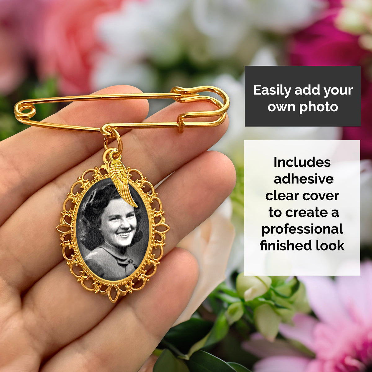 A hand holds a gold wedding bouquet photo charm pin with angel wing charm and oval decorative frame and a black-and-white portrait photo of a woman. Text overlays explain that the user can easily add their own photo and that it includes an adhesive clear cover for a professional finished look.
