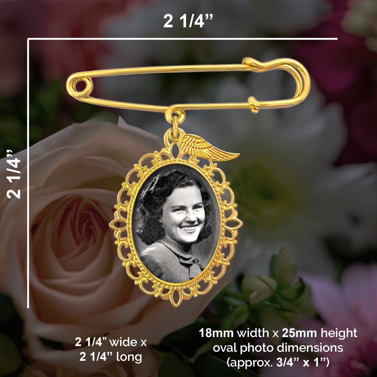 Gold wedding bouquet photo charm pin with an oval photo frame pendant and small angel wing charm, shown over a blurred rose background with printed dimension labels.