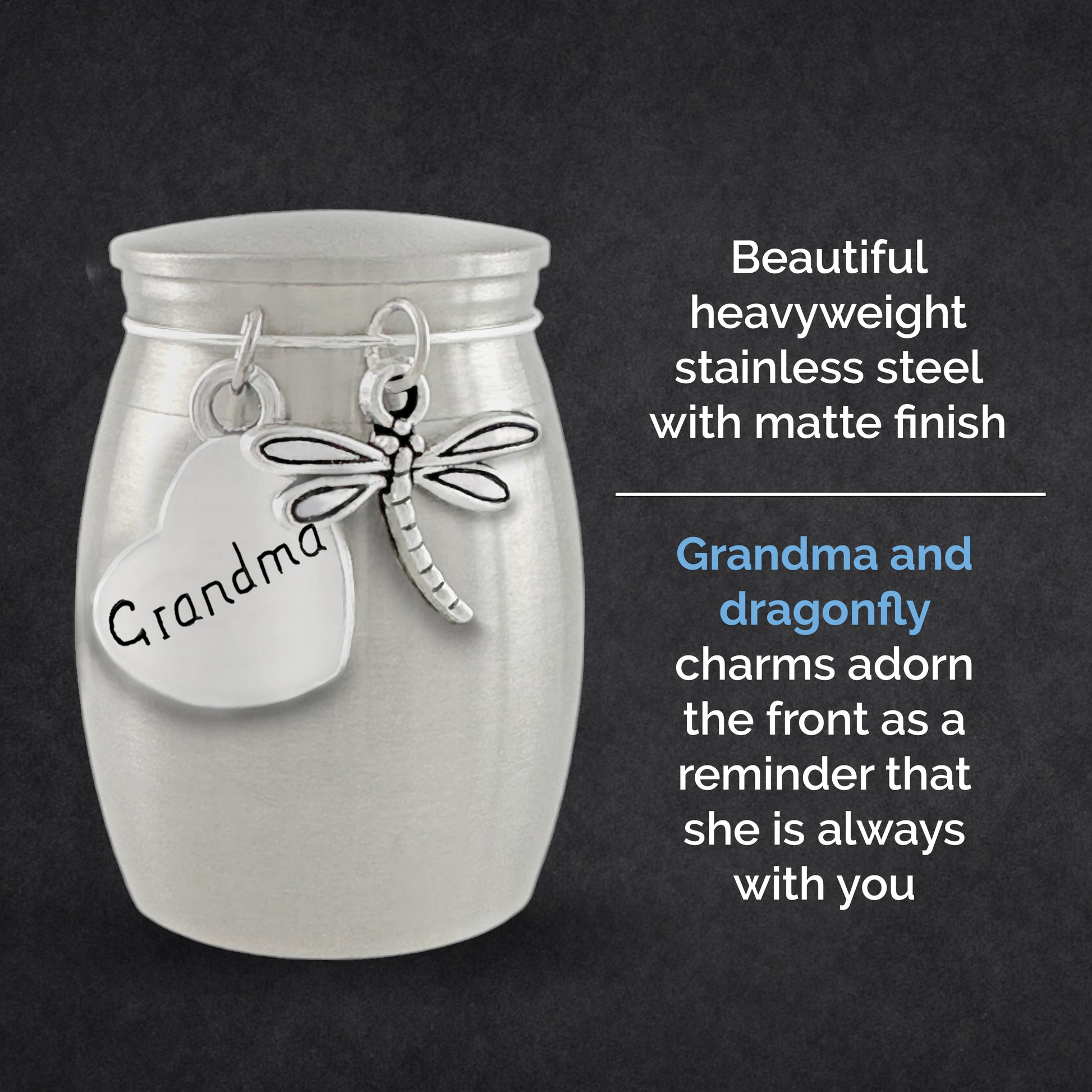 A silver-toned metal little urn with engraved 'Grandma' text on a heart-shaped charm and a dragonfly charm, shown on a dark textured background with descriptive text on the right.