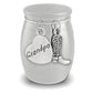 A silver cremation urn shaped like a small jar with a lid, featuring dangling charms: a heart-shaped charm engraved with 'dad' and a cowboy boot charm, shown on a white background.