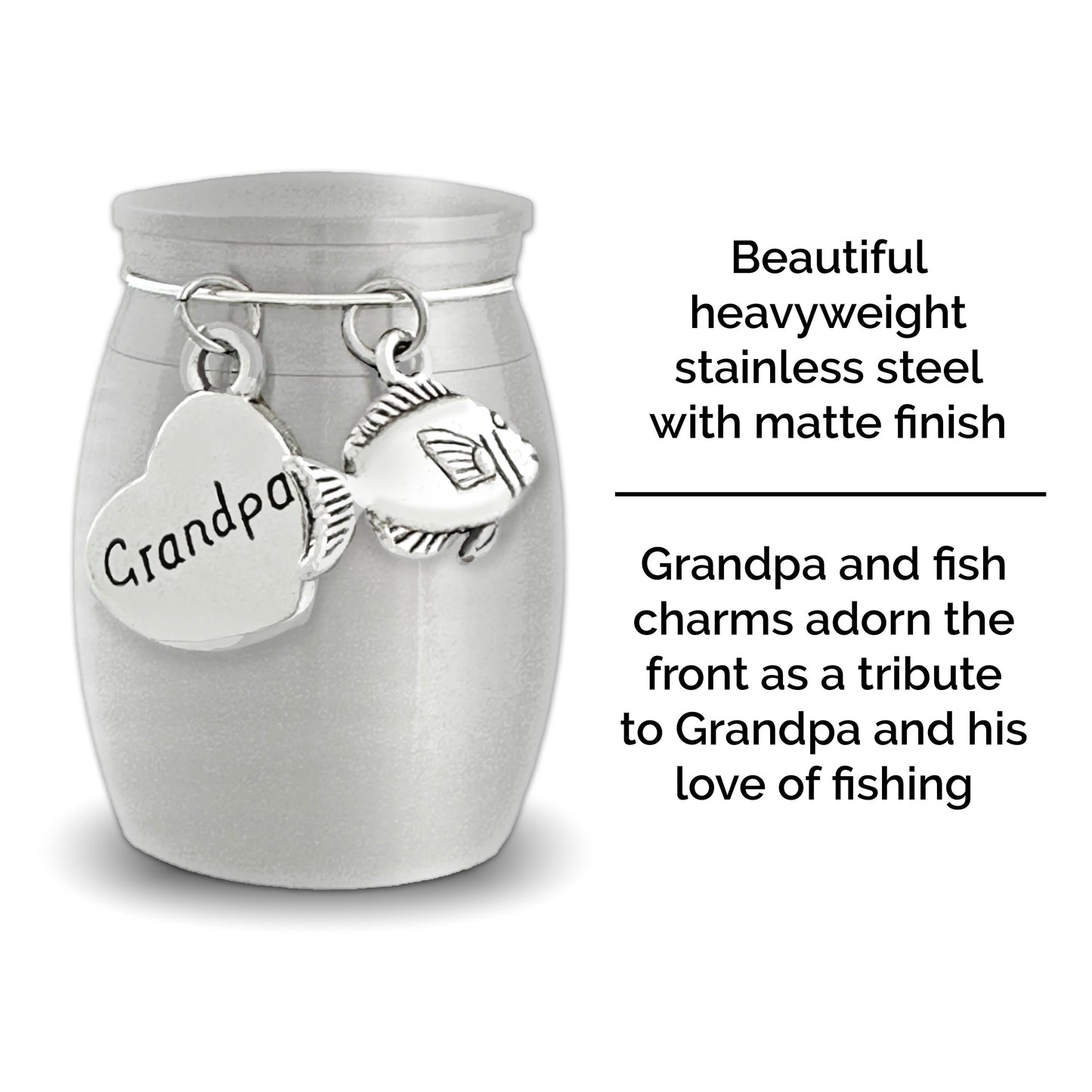 Grandpa Fishing Small Urn for Cremation Ashes Keepsake Memorial Stainless Steel with Fish Charm Individual Urns for Family