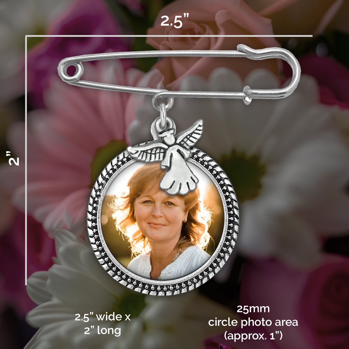 Chart showing the measurements of the memorial photo pin with angel charm. It measures 2.5" wide by 2" long. The photo size is a 25mm circle or approximately 1" in size. 