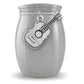 Mini guitar urn that holds a small amount of ashes shown on a plain background with guitar charm on the front. It holds a keepsake amount of ashes and is a way to distribute ashes among family members.