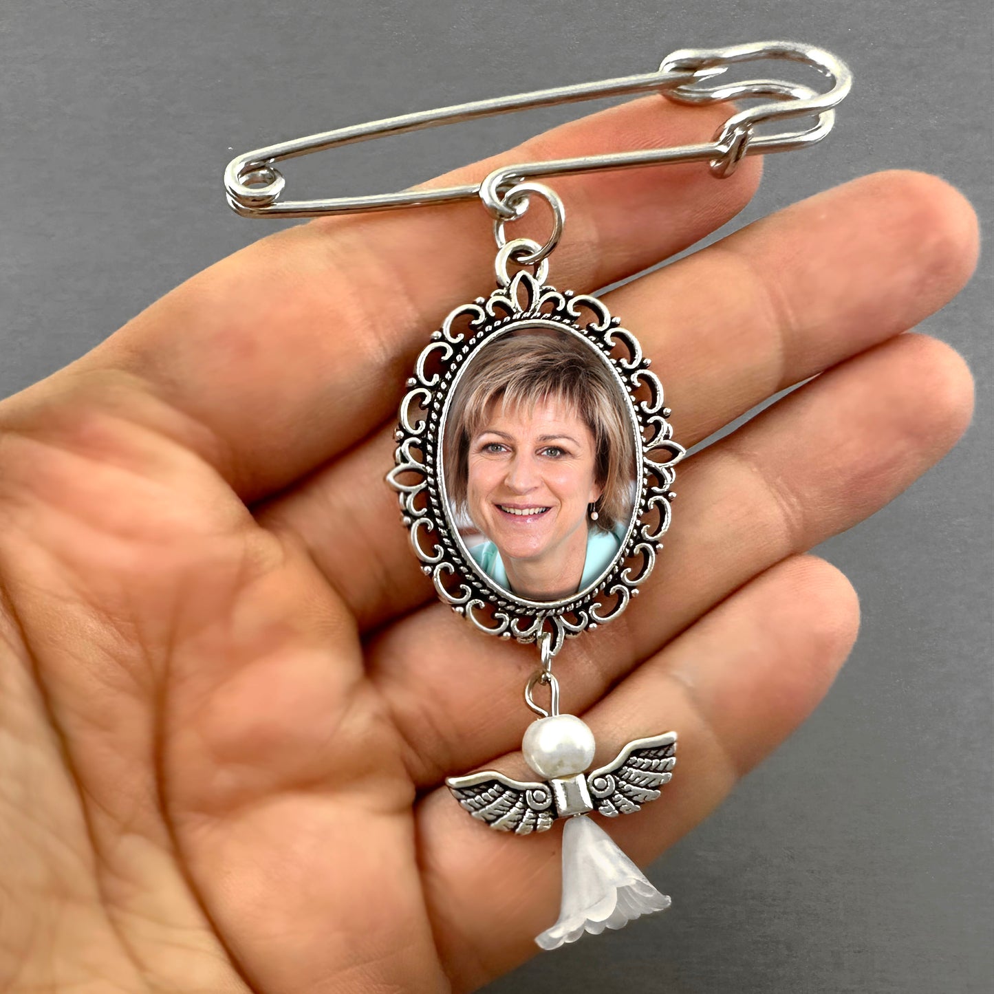 Lace Oval Photo Wedding Memorial Bouquet Charm with Guardian Angel