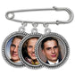 Memorial pin with photo charms for a wedding with blank spaces for 3 photos. A safety pin style top is shown for attaching to a wedding flower bouquet or boutonniere. Each photo frame shows a portrait of a person. The pin is on a white background.