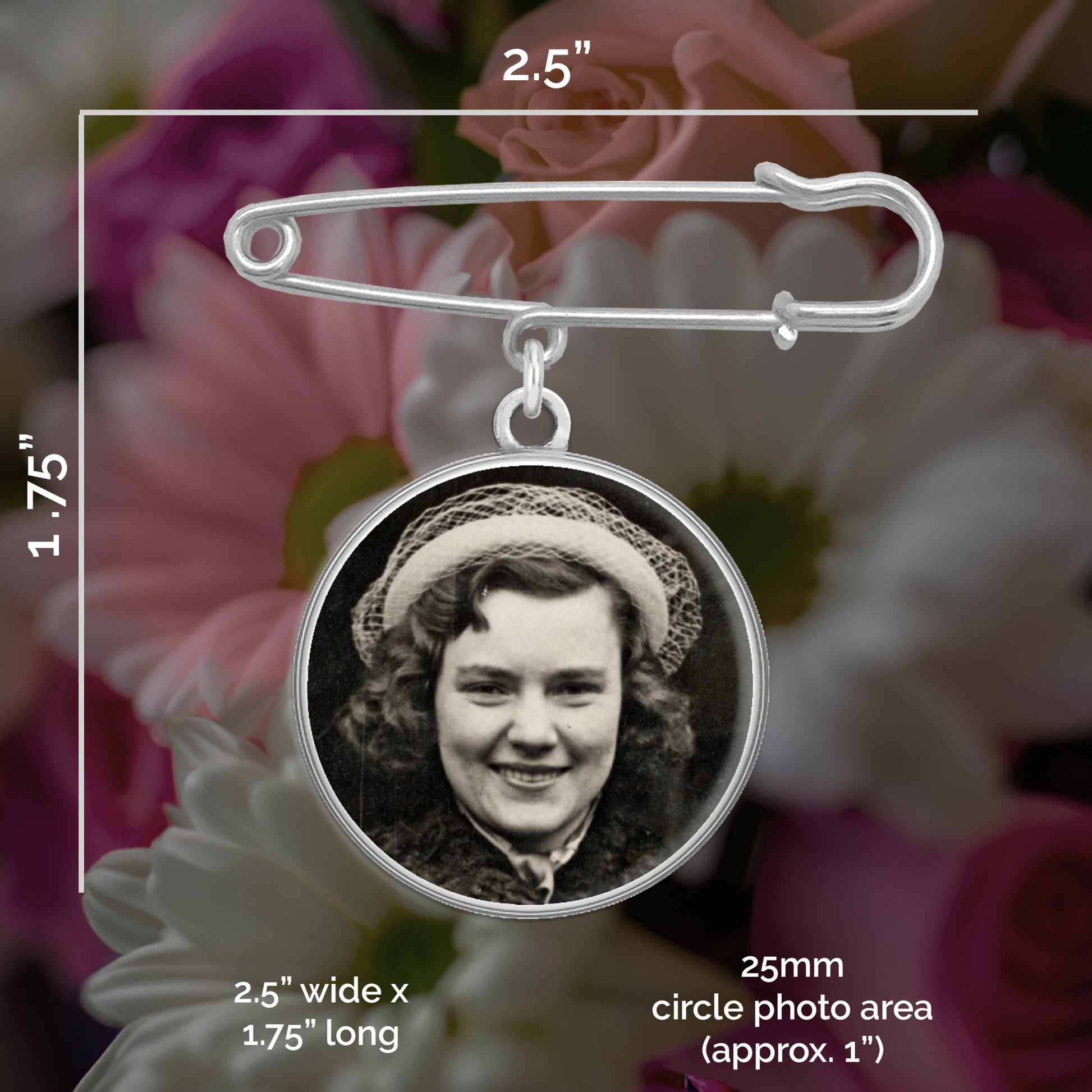 Measurements for the photo pin It is 2.5" wide and 1.75" long with a 25mm circle recessed photo area