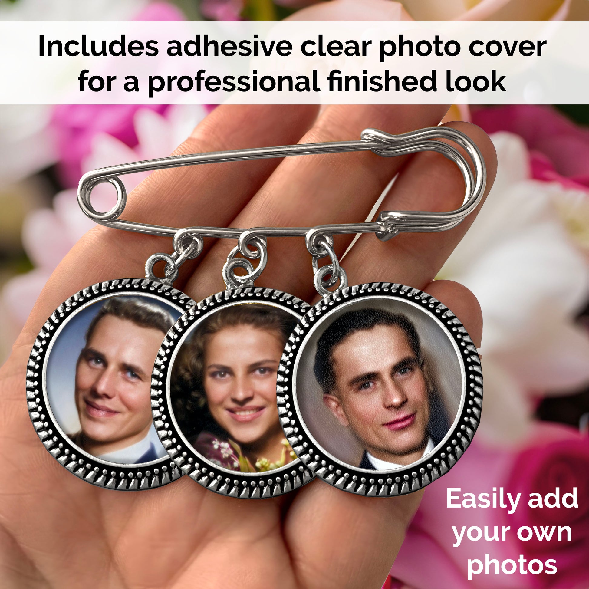 Silver photo pin with 3 charms shown in the palm of a hand to show size. Text banner reads "Includes adhesive clear photo cover for a professional look". Second text reads "easily add your own photos".