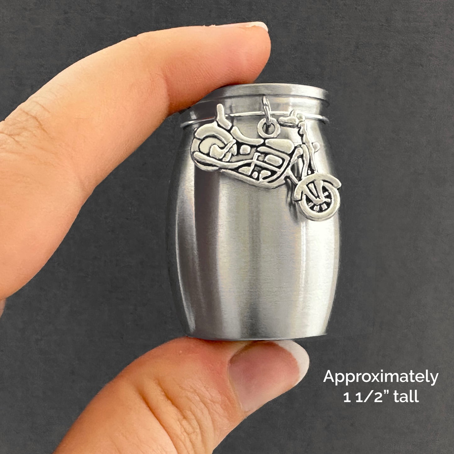 Small Mini Motorcycle Biker Keepsake Memorial Cremains Holder Container Jar Vial Brushed Stainless Steel Cremation Funeral Urn